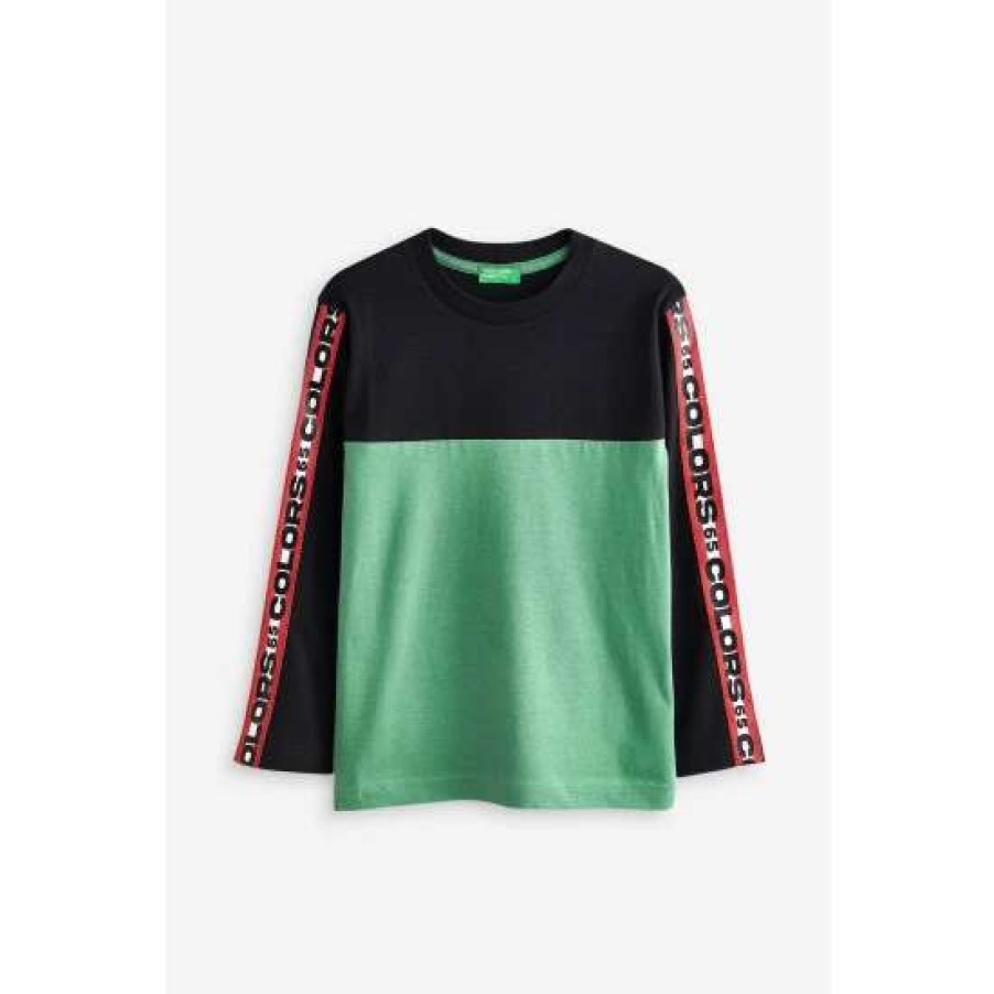 Tshirts * | Benetton Black And Green Colourblock Long Sleeve T-Shirt