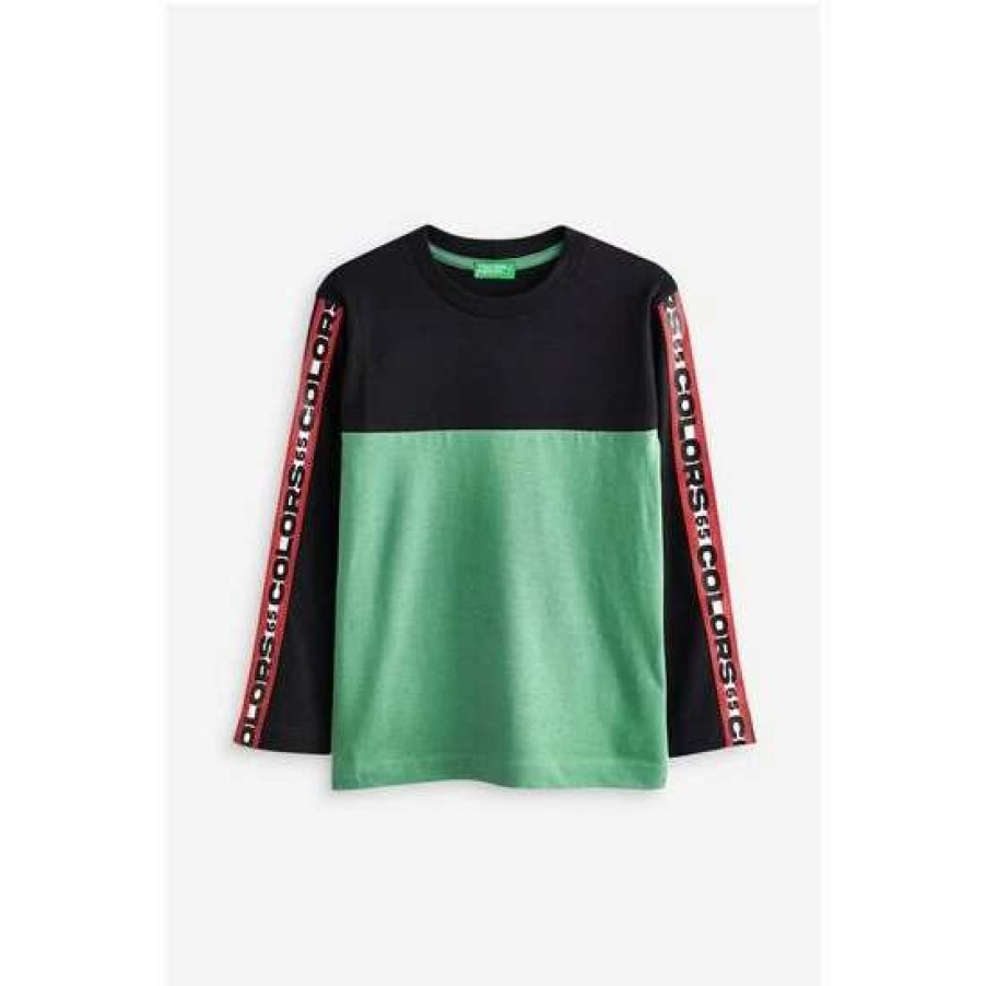 Tshirts * | Benetton Black And Green Colourblock Long Sleeve T-Shirt