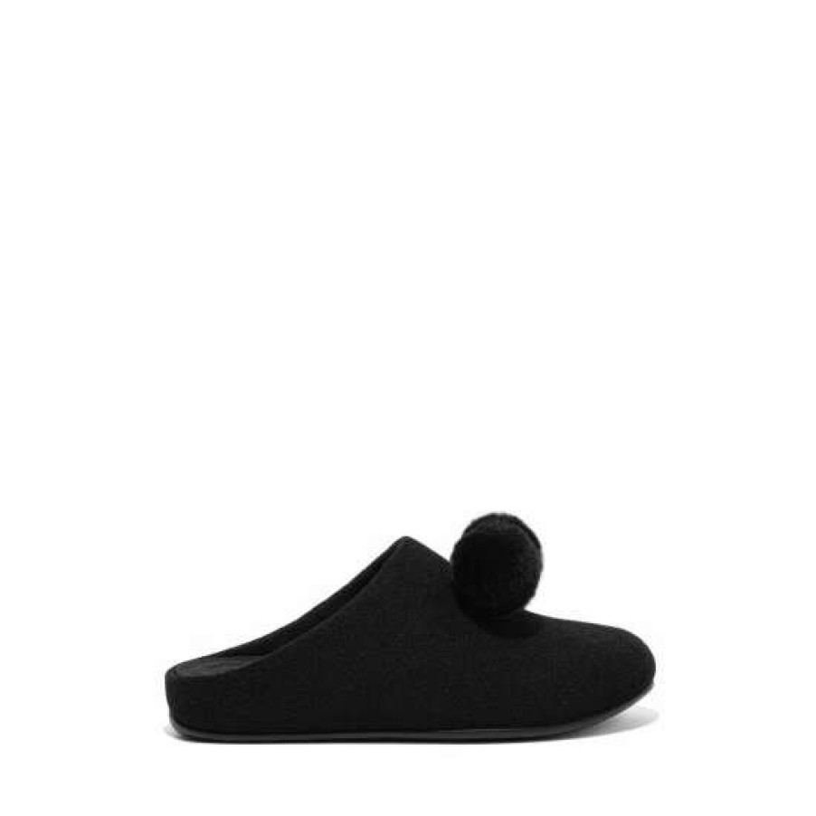 Slippers * | Fitflop Black Chrissie Pom Pom Felt Slippers