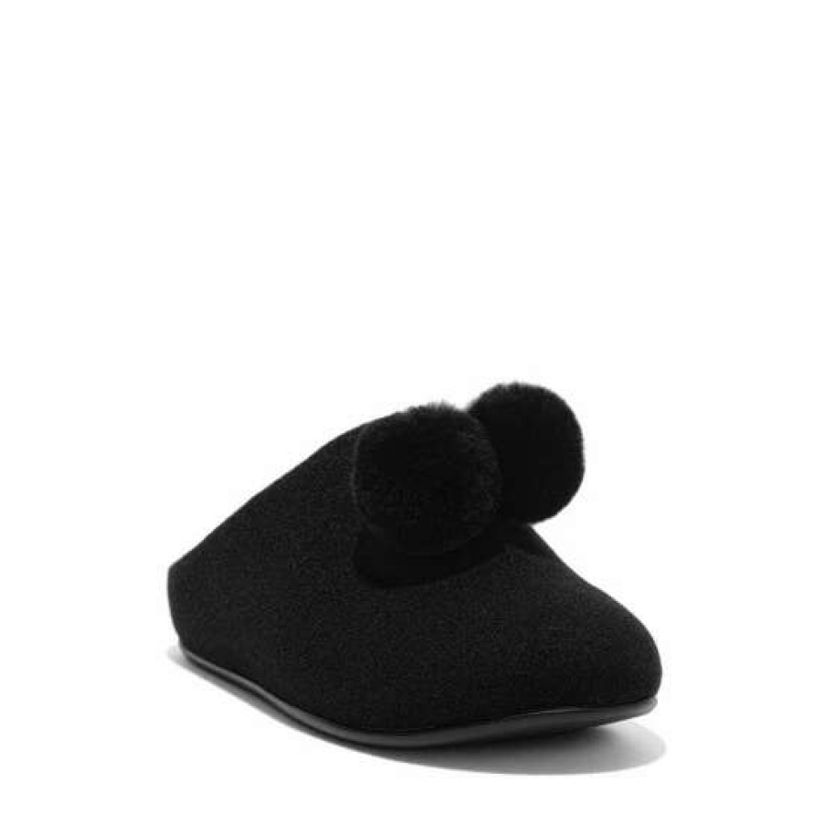 Slippers * | Fitflop Black Chrissie Pom Pom Felt Slippers