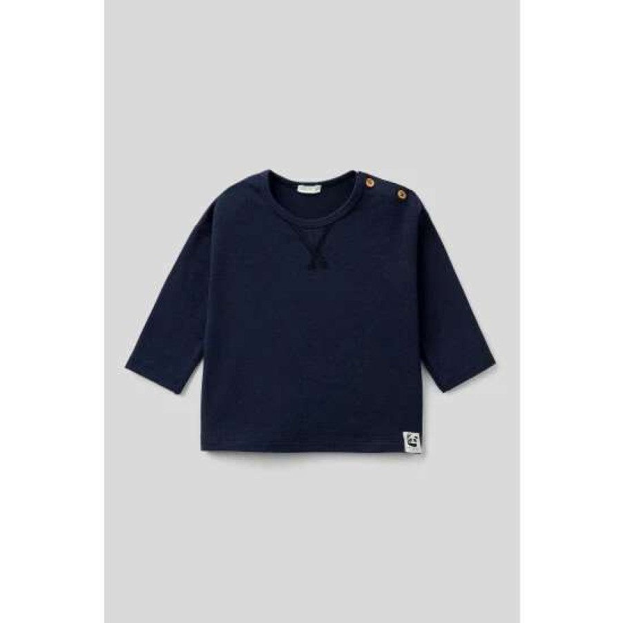 Tshirts * | Benetton Navy Button Long Sleeve Tshirt