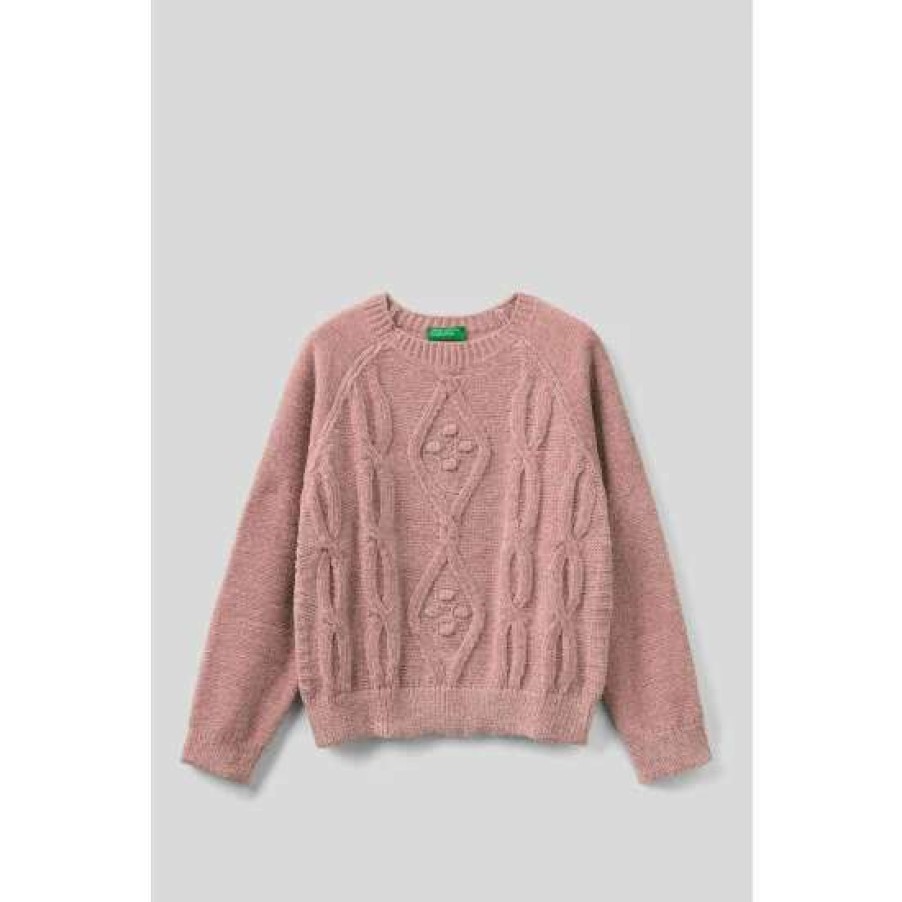 Jumpers * | Benetton Pink Cable Knit Jumper