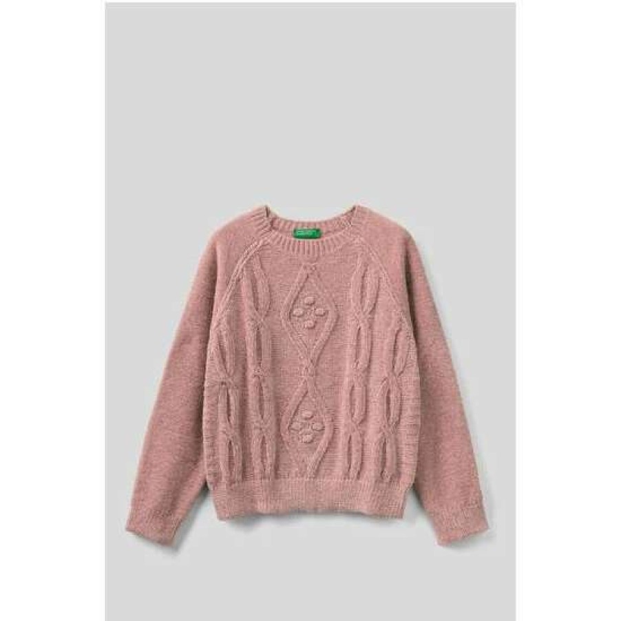 Jumpers * | Benetton Pink Cable Knit Jumper