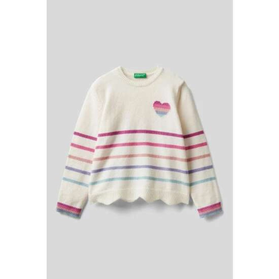 Jumpers * | Benetton White Striped Heart Jumper