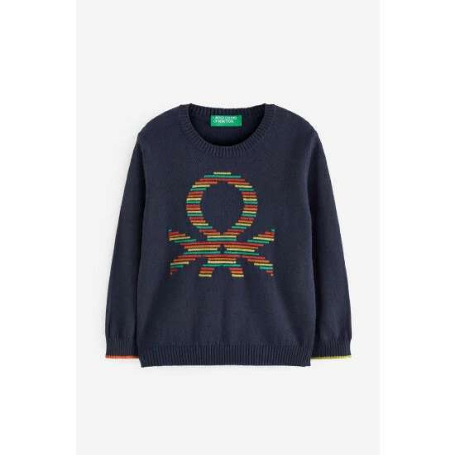 Jumpers * | Benetton Navy Logo Sweater