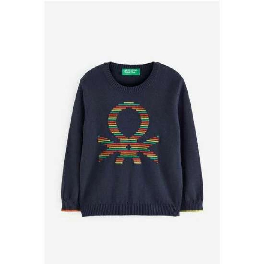 Jumpers * | Benetton Navy Logo Sweater