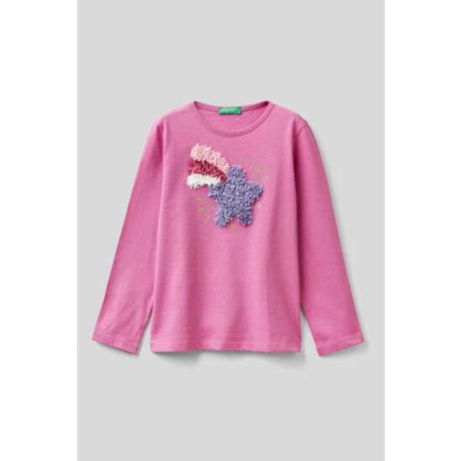 Tshirts * | Benetton Dark Pink Graphic Long Sleeve T-Shirt