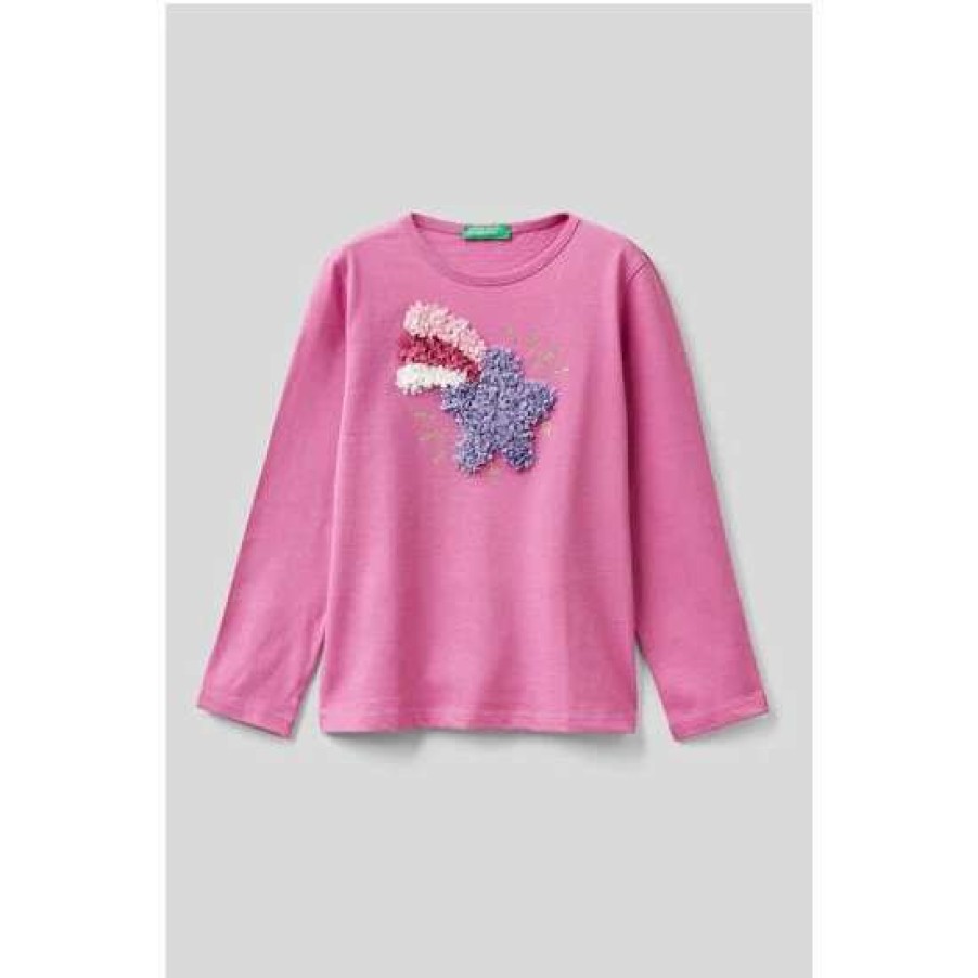 Tshirts * | Benetton Dark Pink Graphic Long Sleeve T-Shirt