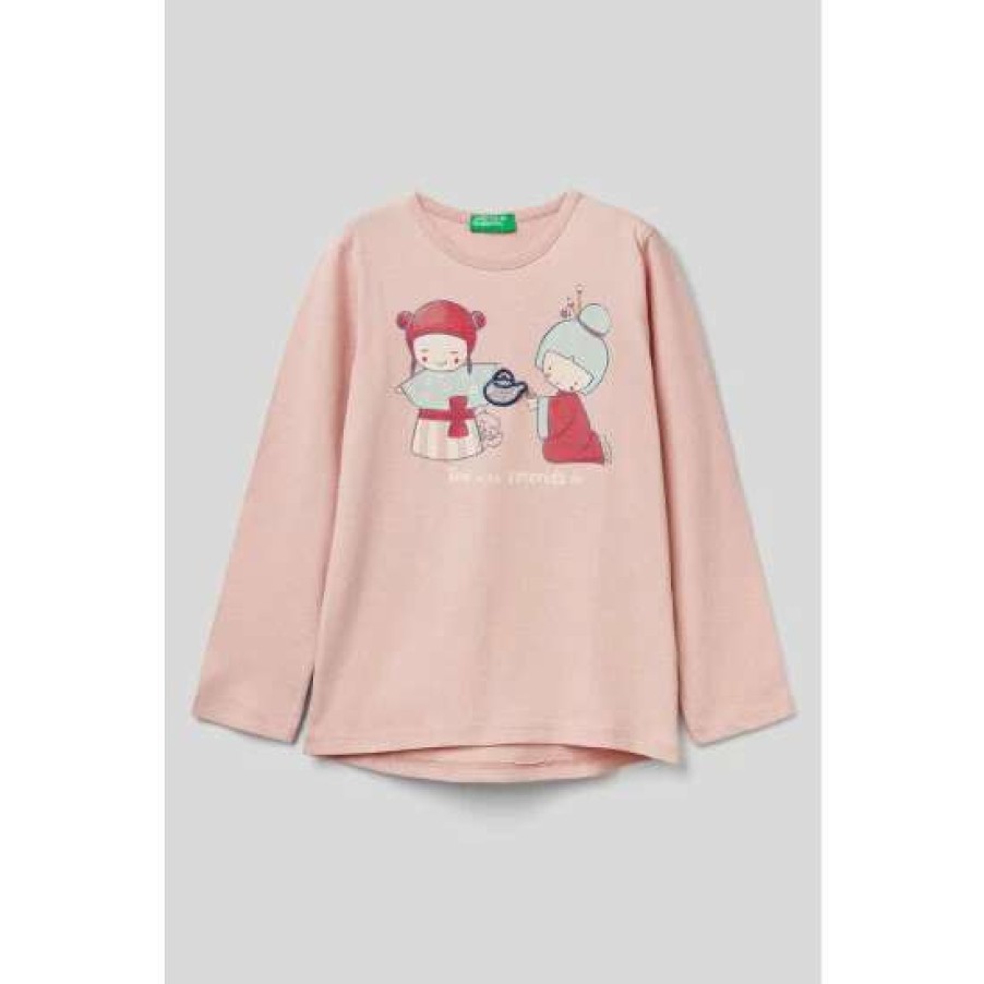 Tshirts * | Benetton Pink Graphic Long Sleeve Tshirt